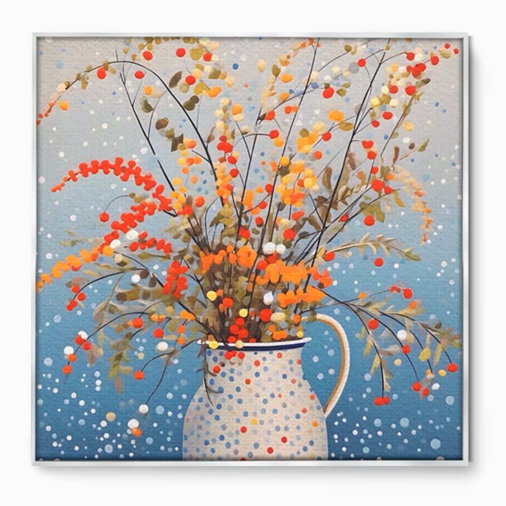 Tablou canvas cu pictura cu flori in vaza cu buline, in rama de aluminiu argintiu